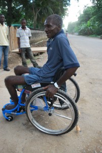 Special sci wheelchair designed for third world countries, made from mountain bike wheels and things that are all replaceable and easy to find in third world. Worth $8,000 each, they were donated by the Walkabout Foundation - they brought a thousand of them to Haiti